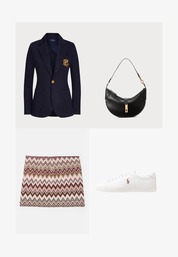 Navy blejzr vyrobený z texturované tkaniny má zlatý knoflík a vyšitý logo na náprsní kapse. Obsahuje dvě přední kapsy.; Námořnická modrá polo košile z bavlny s krátkými rukávy, s knoflíkovou légou na tři knoflíky a červeným vyšitým logem na levé hrudi.; Skirt s vícebarevným chevronovým vzorem, který obsahuje cik-cak design v odstínech růžové, hnědé a krémové barvy, se rovný lem a hladkou texturou.; Bílé kožené tenisky, nízký střih, s hladkým povrchem, kulatou špičkou, šněrováním v přední části a malým vyšitým logem na boku.; Černá kožená kabelka ve tvaru půlměsíce. Obsahuje zlaté kovové detaily a úzký popruh. Hladký povrch, zapínání na zip na vrchu.