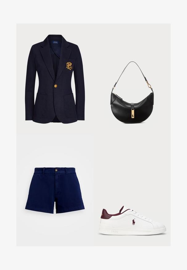 Merimies bleiseri, joka on valmistettu tekstuurikankaasta, sisältää kultanapin ja brodeeratun logon rinnataskussa. Mukana on kaksi etutaskua.; T-paita tummansinistä väriä 100% puuvillaa, lyhyet hihat, kolmipainon napitus ja punainen brodeerattu logo vasemmassa rinnassa.; Tummansininen, puuvillashortsi suoralinjaisella leikkauksella, käännetyllä halkiolla, vyölenkeillä ja yhdessä napin kiinnityksellä. Sileä, kestävä kangas ilman kuvioita.; Valkoinen nahkakengät burgundin värisillä yksityiskohdilla, pyöreä kärki, kohokuvioitu logo ja tasaiset nauhat. Rakoileva pohja ja sileät pinnan yksityiskohdat.; Musta nahkalaukku puolikuun muotoisena. Varustettu kultaisilla yksityiskohdilla ja kapealla hihnalla. Tasainen pinta, vetoketjukiinnitys ylhäällä.