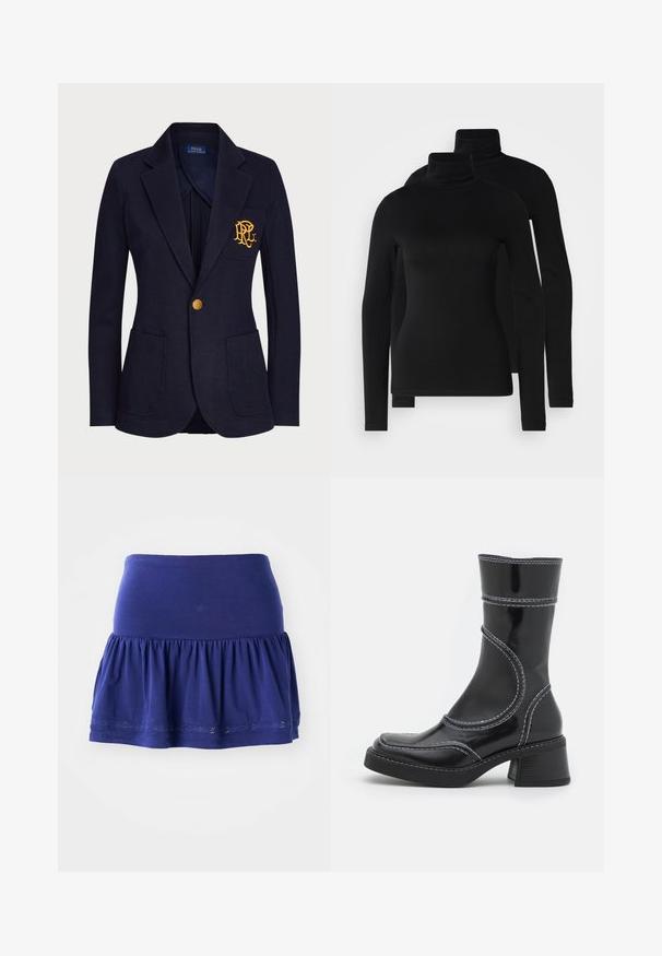 Jūras spēku žakete, izgatavota no teksturēta auduma, ar zelta pogu un izbrodētu logo krūšu kabatā. Ietver divas priekšējās kabatas.; Melnas garas piedurknes turtlenecks, kas izgatavoti no gludas un elastīgas auduma. Iespējams, pieguļošas piedurknes un klasiskā augstā apkakle. Iekļauti divi gabali.; Jūrnieku zila džersi svārku ar savilktu apakšu, elastīgu jostu un dekoratīvu izšuvumu gar apakšmalu. Mīksta, viegla auduma.; Melna lakota ādas anklets ar baltiem šuvumiem, noapaļota purngala un kvadrāta papēža. Iezīmes izliekti dizaina līnijas un gluda struktūra.