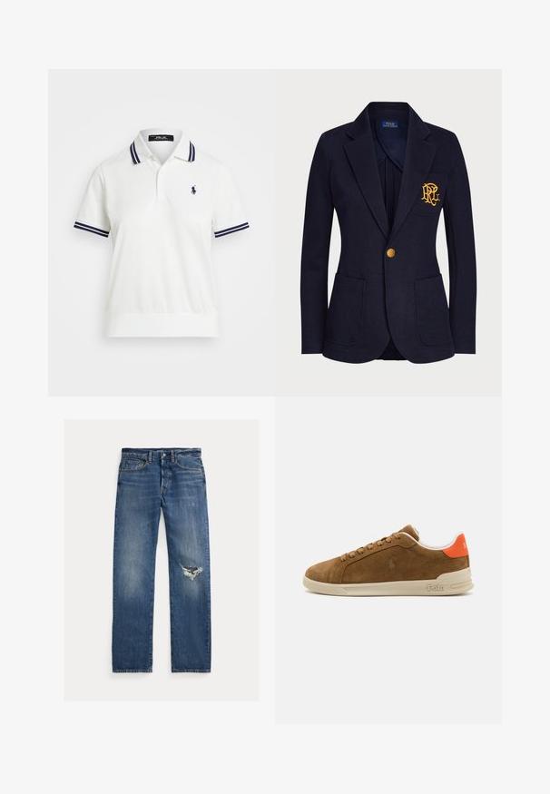 Jūras spēku žakete, izgatavota no teksturēta auduma, ar zelta pogu un izbrodētu logo krūšu kabatā. Ietver divas priekšējās kabatas.; Balta polo krekls ar tumši zilu svītrošu apkakli un piedurknēm; uz kreisā krūts ir neliels tumši zils logs. Gluda tekstūra un īsās piedurknes.; Zilās džinsa bikses ar taisnu kāju piegriezumu, kurās ir nolietota zona kreisajā ceļgalā un neliels izbalējums visā audumā.; Brūni zamša tenisi ar krēmkrāsas gumijas zoli, kuras aizmugurē ir oranži akcenti un neliela logo detaļa sānos.