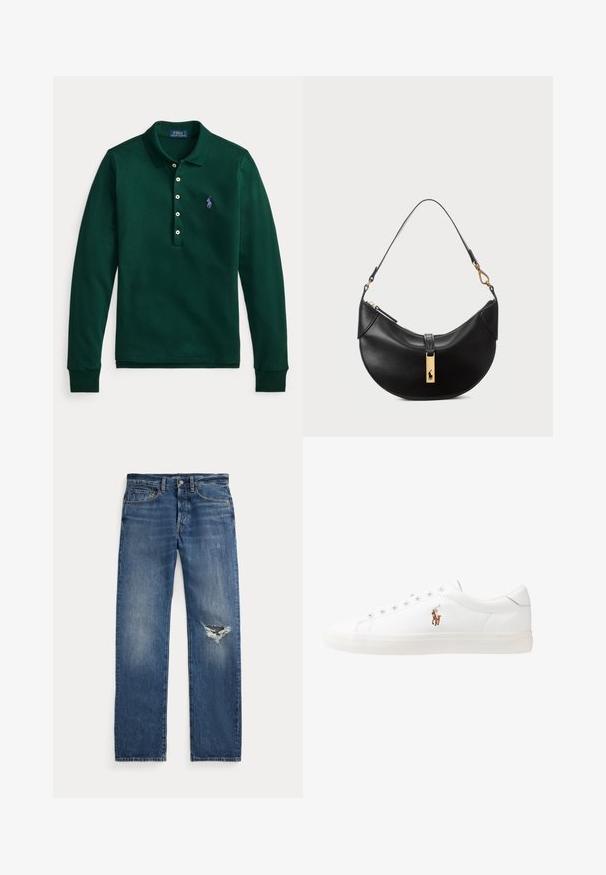 Marinblazer i texturerad tyg med en guldknapp och en broderad logotyp på bröstfickan. Inkluderar två framfickor.; Grön långärmad pikétröja i bomull. Har en uppvikt krage, femknapparslå och en lila logga på vänster bröst.; Blå denimjeans med medelhög midja, fem fickor och en trasig reva på högra knäet.; Vita lädersneakers, låg design, med en slät yta, rund tå, snörning fram och en liten broderad logotyp på sidan.; Svart läderhandväska i halvmåneform. Har en accent av guldhardware och en smal rem. Slät yta, blixtlåslås upptill.
