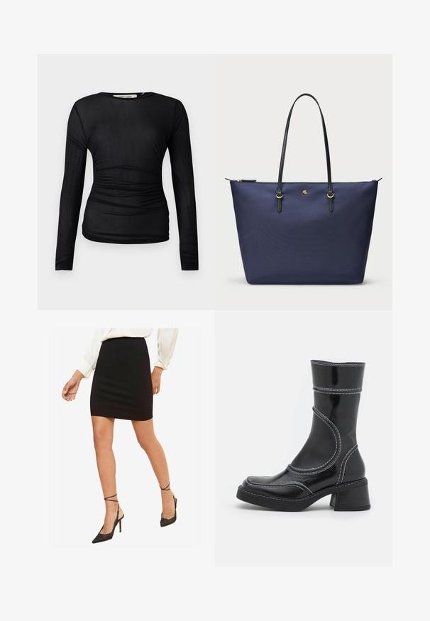 A tengerészkék blézer textúrált anyagból készült, amelyen arany gomb és hímzett logó található a mellzsebén. Két elülső zsebet tartalmaz.; Fekete, hosszú ujjas felső áttetsző, rugalmas anyagból. Oldalán ráncolt részletek találhatók, és kerek nyakkivágású.; Fekete, testhez simuló mini szoknya, sima anyagból, közepes derékbőséggel, fekete, hegyes orrú, bokapántos magassarkú cipőkkel párosítva.; Fekete lakkbőr bokacsizma fehér varrással, kerek orral és blokk sarkal. Görbült formai vonalakkal és sima textúrával rendelkezik.; Tengerészeti kék vászontáska strukturált anyagból, fekete bőr fogantyúkkal és arany színű fém kiegészítőkkel. Cipzáras záródás a tetején.