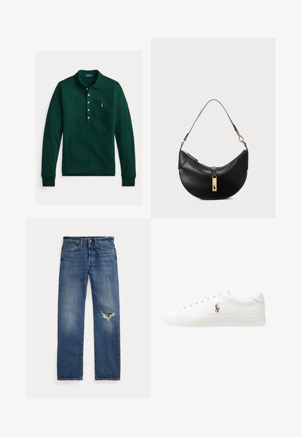 Granatowy blezer wykonany z teksturowanej tkaniny, z złotym guzikiem oraz haftowanym logo na kieszeni piersiowej. Zawiera dwie kieszenie z przodu.; Zielona koszulka polo z długim rękawem, wykonana z bawełny, z klasycznym kołnierzykiem, plisą na guziki oraz fioletowym haftowanym logo na lewej piersi.; Niebieskie dżinsy z średnim stanem, pięcioma kieszeniami i postrzępionym przetarciem na prawym kolanie.; Białe skórzane sneakersy, niskoprofilowy design, charakteryzujące się gładką fakturą, okrągłym noskiem, sznurowanym przodem i małym haftowanym logo z boku.; Czarna skórzana torebka w kształcie półksiężyca. Ma złote akcenty i wąski pasek. Gładka tekstura, zamek błyskawiczny na górze.