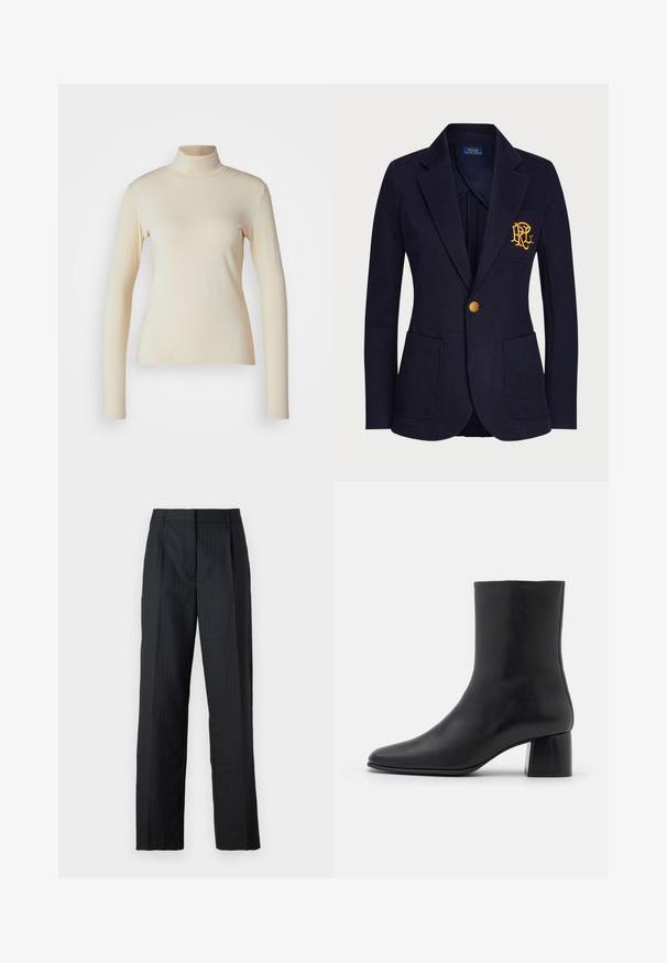 Jūras spēku žakete, izgatavota no teksturēta auduma, ar zelta pogu un izbrodētu logo krūšu kabatā. Ietver divas priekšējās kabatas.; Krems krāsas garām piedurknēm turtleneck tops, izgatavots no gludas, elastīgas auduma; pieguļošs dizains ar augstu apkakli un bez redzamām rakstu vai akcenta detaļām.; Pielāgoti melni bikses ar svītrām, ar taisnu kāju dizainu, presētām krokām un tradicionālo jostu. Gluda auduma tekstūra.; Melnas ādas potīšu zābaki ar norādītu pirkstu un masīvu kvadrātveida papēdi. Gluda tekstūra ar bezšuvju dizainu un minimālistisku šuvēm.