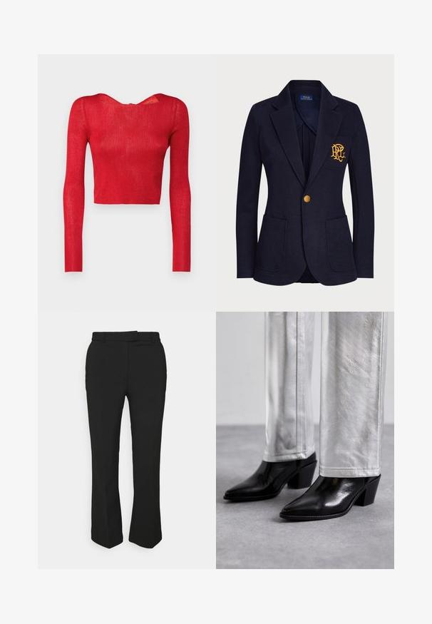 Tumesinine bleiser tekstuuriga kangast, millel on kuldne nupp ja tikitud logo rinnataskus. Sisaldab kahte esmtaskut.; Punane ribatud pikakätised crop top laia kraega ja tõmblukuga seljaosas. Sile tekstuur ja liibuv siluett.; Mustad mustad püksid sirge säärega, millel on vööloop ja küljetaskud. Valmistatud siledast kangast, millel on puhas viimistlus.; Must musta ankle boots, mille musta ja terava nina ning plokkjala, kombineeritud läikivate hõbedaste pükstega, esitades sujuvaid tekstuure ja kontrastseid värve.