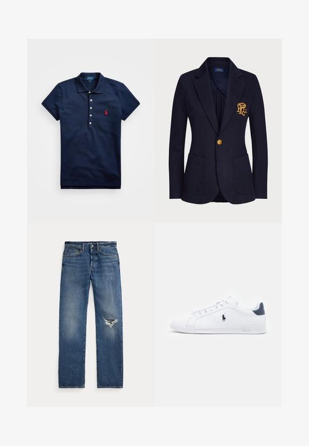 Blazer azul-marinho feito de tecido texturizado, apresenta um botão dourado e um logótipo bordado no bolso do peito. Inclui dois bolsos frontais.; Polo azul-marinho feito de algodão, com mangas curtas, gola de três botões e um logótipo bordado vermelho no lado esquerdo do peito.; Jeans de denim azul com uma cintura de altura média, cinco bolsos e um rasgado desfiado no joelho direito.; Tenis brancos de couro com um acabamento suave, detalhes em azul marinho e um pequeno logotipo na lateral. Possui atacadores planos e sola de borracha texturizada.