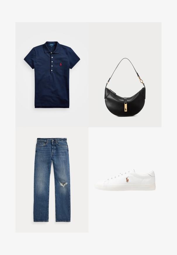 Mornarska blazer jakna iz teksturiranega blaga ima zlatorožni gumb in vezeno logo na žepu na prsih. Vsebuje dve sprednji žepi.; Polo majica temno modre barve, narejena iz bombaža, s kratkimi rokavi, z zapenjanjem na tri gumbe in rdečim vezenim logotipom na levi strani prsnega koša.; Modre jeans hlače z zmerno visokim pasom, petimi žepi in strganim delom na desnem kolenu.; Bela usnjena teniski čevlji, nizki model, z gladko teksturo, okrogle konice, vezavi spredaj ter majhnim vezenim logotipom na strani.; Črna usnjena torbica v obliki polmeseca. Ima zlato kovinsko dekoracijo in ozek trak. Gladka tekstura, z zadrgo na vrhu.