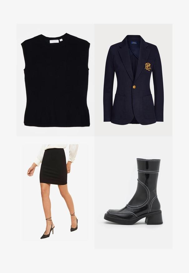 Mėlynas bleiseris, pagamintas iš tekstūruotos medžiagos, turi auksinį mygtuką ir išsiuvinėtą logotipą krūtinės kišenėje. Įrengtos dvi priekinės kišenės.; Juoda be rankovių palaidinė, pagaminta iš megztos medžiagos, su apvaliu iškirpimu ir prisitaikančiu siluetu, švelnaus tekstūros. Etiketė nugarinėje pusėje.; Juoda prigludusi mini sijonas, lygus audinys, vidutinio aukščio juosmuo, derinamas su juodais aštriais aukštakulniais, turinčiais kulkšnies dirželius.; Juodo lakuoto odos kulkšninis batas su baltomis siūlėmis, apvaliu pirštu ir blokuotu kulnu. Ypatinasi išlenktomis dizaino linijomis ir lygia tekstūra.