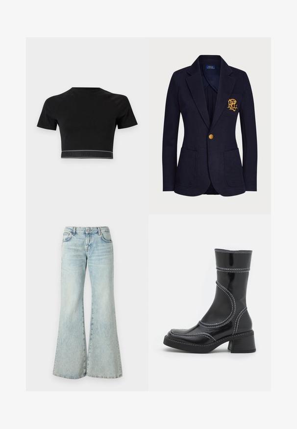 Námornícky blejzer vyrobený z textúrovaného materiálu má zlatý gombík a vyšívané logo na vrecku na hrudi. Obsahuje dve predné vrecká.; Čierne skrátené tričko s krátkymi rukávmi, okrúhlym výstrihom a kontrastným logom na spodnej strane s nápisom "HUGO" v čiernej farbe na tmavom pozadí.; Svetlomodré rozšírené džínsy z denimu, s vysokým pásom, vreckami a rozstrapkanými okrajmi. Tkanina má vyblednutý vzhľad a jemnú textúru.; Čierne lakované kožené členkové čižmy s bielym prešívaním, zaoblenou špičkou a blokovým podpätkom. Majú zakrivené línie dizajnu a hladkú textúru.