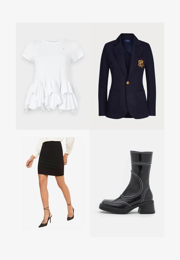 A tengerészkék blézer textúrált anyagból készült, amelyen arany gomb és hímzett logó található a mellzsebén. Két elülső zsebet tartalmaz.; Fehér, rövid ujjú póló, fodros alsó résszel. Simaságot adó pamutból készült, kerek nyakkivágása van, és egy kis logó díszíti a mellkas közelében.; Fekete, testhez simuló mini szoknya, sima anyagból, közepes derékbőséggel, fekete, hegyes orrú, bokapántos magassarkú cipőkkel párosítva.; Fekete lakkbőr bokacsizma fehér varrással, kerek orral és blokk sarkal. Görbült formai vonalakkal és sima textúrával rendelkezik.