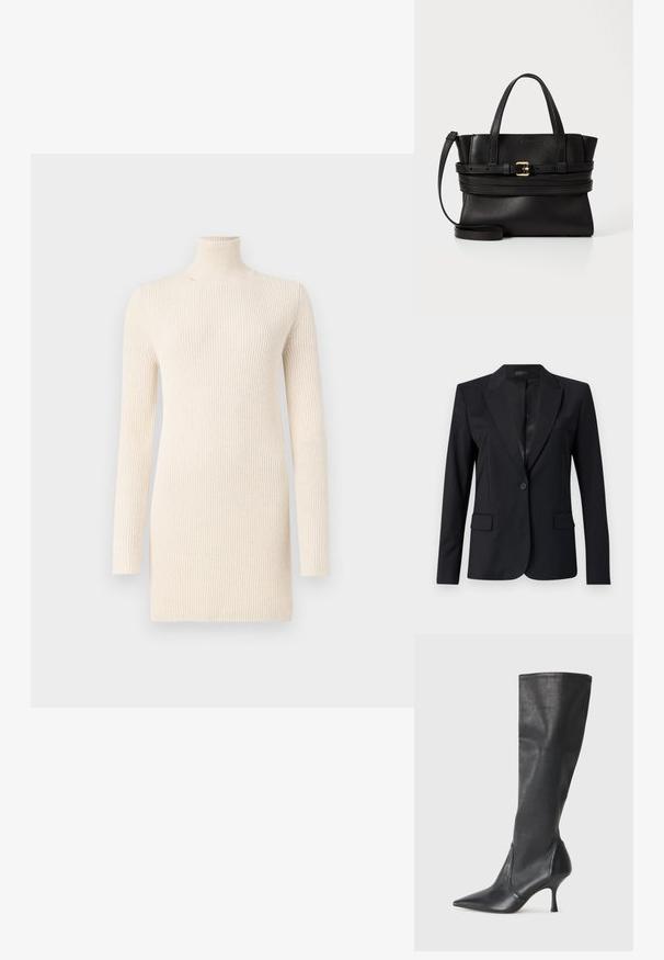 Melnā žakete ar iegrieztu apkakli, vienu pogu, divām priekšējām kabatām un elegantu, piegriezto dizainu. Gluda tekstūra ar minimālistisku izskatu.; Kremveida augsta apkakle kleita, kas izgatavota no ribota adījuma. Tam ir garas piedurknes un piegriezums, kas nodrošina gludu, teksturētu izskatu.; Ceļa auguma melni ādas zābaki ar smailu purngalu un šauru stiletto papēdi. Gluda tekstūra ar pieguļošu dizainu un izšuvumiem augšējā malā.; Melna ādas rokassoma ar strukturētu dizainu, divām augšējām rokturiem, noņemamu siksnu un zelta sprādzi, kas akcentē horizontālo joslu.