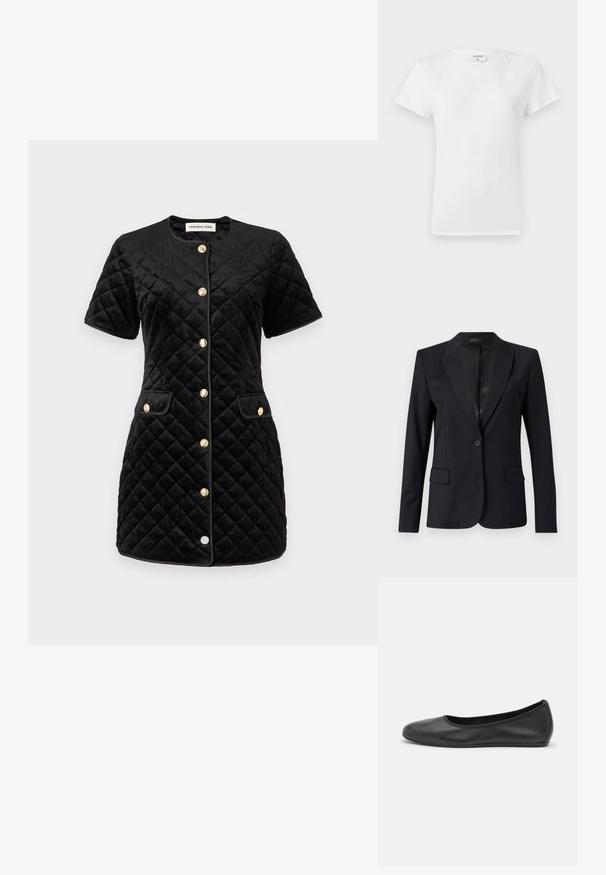 Crni sako s izrezanom ovratnikom, jednim dugmetom, dva prednja džepa i elegantnim, krojenim dizajnom. Glatka tekstura s minimalističkim izgledom.; Jakna s kratkim rukavima crne boje, od quilted materijala, s zaobljenim izrezom, zlatnim dugmadima i dva prednja džepa, koja se ističe glatkim, teksturiranim materijalom.; Bijela pamučna majica s okruglim izrezom i kratkim rukavima, s opuštenim krojem i minimalističkim dizajnom. Oznaka vidljiva na vratu.; Crne kožne baletanke s zaobljenim vrhom, glatke teksture, minimalnim detaljima šavova i fleksibilnim dizajnom potplata.