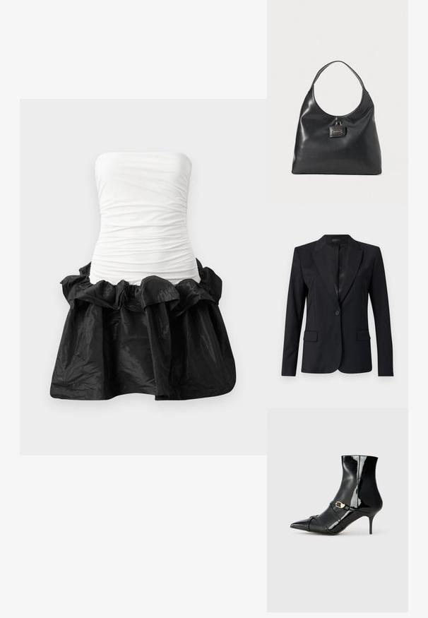 Must mustriga, millel on lõikekaelus, üksnuppuline sulgemine, kaks eesmist taskut ja stiilne, kohandatud disain. Sile tekstuur minimalistliku välimusega.; Rihmatuubes olevale kleidile, millel on valge, istuv pealne osa, millel on kokku kogutud tekstuur ja must, läikiv seelik rullitud äärisega.; Must sõrmedega mustast patendikummist kõrge kontsaga saapad, millel on terav nina, saledad kontsad ja kaks õhukest rihma kuldse klambriga. Sile, läikiv viimistlus.; Must käekott mustast nahast, millel on ühekordne ümar õlarihm ja esiküljel kullatooniline brändiplake. Sile tekstuur, minimalistlik disain.