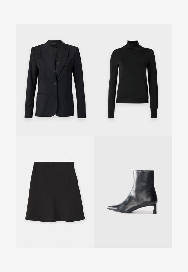Juodas švarkas su išpjautu apykakliu, vieno mygtuko uždarymu, dviem priekinėmis kišenėmis ir elegantišku, pritaikytu dizainu. Lygus tekstūra ir minimalistinis stilius.; Juoda ilgomis rankovėmis turtleneko tipo megztinis su rebruotomis rankovėmis ir apačia, eksponuojamas ant paprasto balto fono.; Juodas platėjantis sijonas, pagamintas iš lygaus, tamprių medžiagų. Turi platų juosmenį ir glostančią A formos siluetą, švarus ir minimalus dizainas.; Juodas odinis kulkšninis batas su smailiu pirštu ir elegantišku dizainu. Turi žemą kulną ir užtrauktuką gale. Lygi tekstūra.