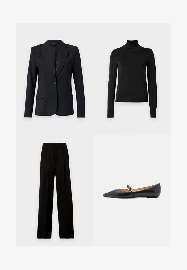 Must mustriga, millel on lõikekaelus, üksnuppuline sulgemine, kaks eesmist taskut ja stiilne, kohandatud disain. Sile tekstuur minimalistliku välimusega.; Mustmusterta mustaga pikkade varrukatega kõrge kaelusega sviiter, millel on ribakudumisega mansetid ja äär, esitatud lihtsal valgel taustal.; Mustad laiad mustad püksid, mis on valmistatud siledast kangast, kõrge vöökoha, ees olevate voltide ja puhta, kohandatud disainiga, ilma kaunistusteta.; Musthave mustanahkased balletkingad terava varbaga ja külgrihmaga, millel on ümmargune kuldne aksessuaar. Kerged ja tasase tallaga.