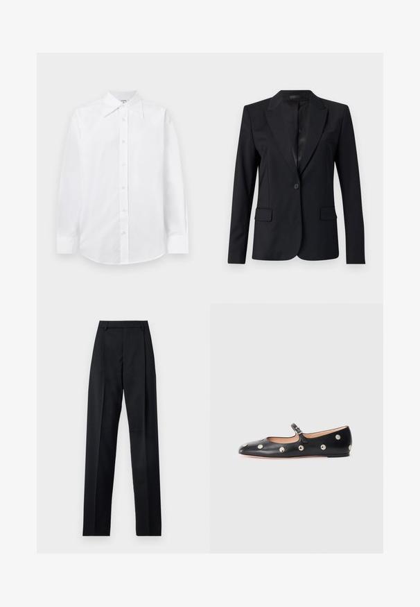 Black blazer featuring a notched collar, single button closure, two front pockets, and a sleek, tailored design. Smooth texture with a minimalist look.; White fitted shirt with long sleeves, a classic pointed collar, and button front closure. Made of smooth, lightweight fabric.; Black trousers made from smooth fabric featuring a high waist, wide legs, front pleats, and classic belt loops. No side pockets visible.; Black leather Mary Jane flat shoe with a rounded toe, featuring silver circular studs and an adjustable strap with a buckle.
