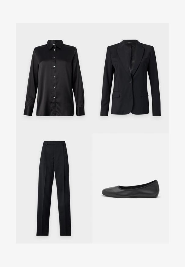 Blazer nero con colletto a punte, chiusura con un bottone, due tasche frontali e un design elegante e sartoriale. Texture liscia con un aspetto minimalista.; Camicia nera in satin a maniche lunghe con colletto, chiusura frontale a bottoni e polsini a singolo bottone. Texture liscia con vestibilità leggermente rilassata.; T-shirt bianco in cotone con colletto a girocollo e maniche corte, caratterizzato da una vestibilità rilassata e un design minimalista. Etichetta visibile sul collo.; Pantaloni neri realizzati in tessuto morbido, caratterizzati da vita alta, gambe larghe, pince frontali e classiche passanti per cintura. Non ci sono tasche laterali visibili.; Pantofole da balletto nere in pelle con punta arrotondata, texture liscia, dettagli di cucitura minimi e design con suola flessibile.