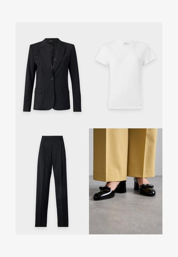 Crni sako s izrezanom ovratnikom, jednim dugmetom, dva prednja džepa i elegantnim, krojenim dizajnom. Glatka tekstura s minimalističkim izgledom.; Bijela pamučna majica s okruglim izrezom i kratkim rukavima, s opuštenim krojem i minimalističkim dizajnom. Oznaka vidljiva na vratu.; Crne hlače od glatkog materijala s visokim strukom, širokim nogavicama, prednjim pregibima i klasičnim petljama za remen. Nema vidljivih bočnih džepova.; Stuart Weitzman FELICITY BOW BLOCK - Klasične cipele s visokom petom - black