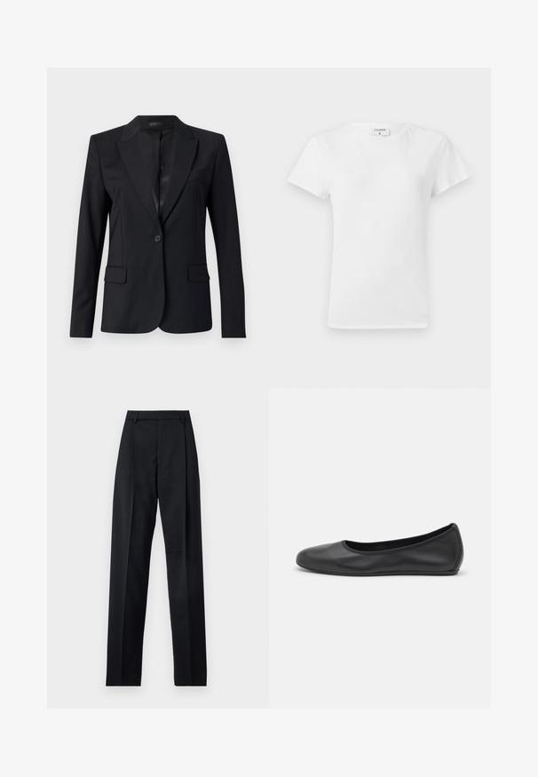 Črn blazer z odrezanim ovratnikom, enojnim zapiranjem na gumb, dvema sprednjima žepoma in elegantnim, natančno oblikovanim dizajnom. Gladek izgled z minimalističnim stilom.; Bela bombažna majica s krojem na vratu in kratkimi rokavi, ki ima sproščen kroj in minimalističen dizajn. Oznaka vidna na vratu.; Črne hlače iz gladkega materiala, ki imajo visok pas, široke noge, sprednje nabore in klasične zanke za pas. Nevidni stranski žepi.; Črne usnjene balerinke z zaobljenim nosom, gladko teksturo, minimalnimi šivi in fleksibilno zasnovo podplata.