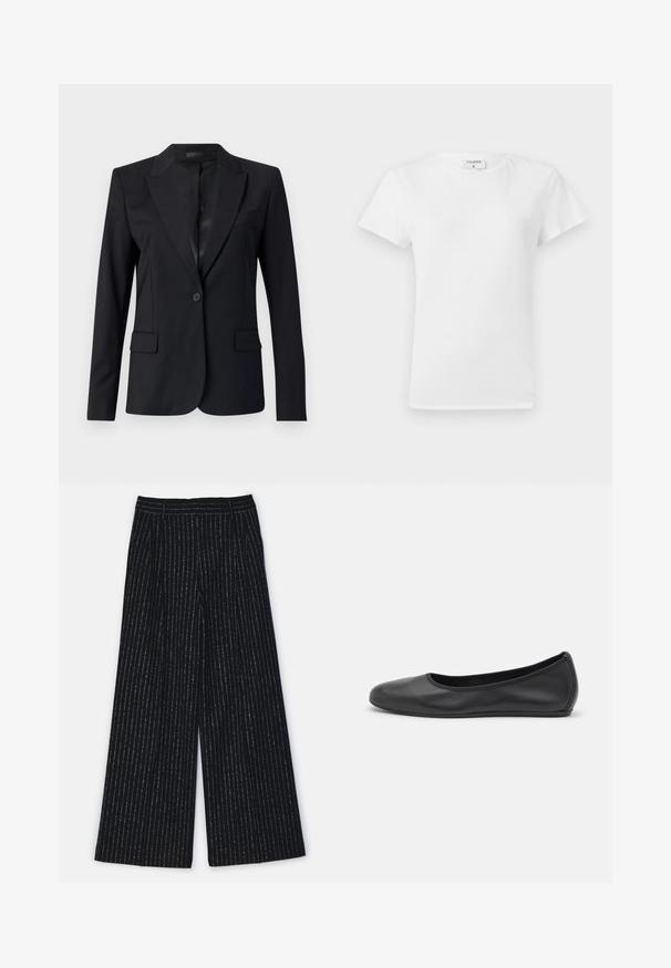 Sacou negru cu guler în formă de v, închidere cu un singur nasture, două buzunare frontale și un design elegant, adaptat pe corp. Textură netedă cu un aspect minimalist.; Tricou alb din bumbac, cu guler rotund și mâneci scurte, având o croială lejeră și un design minimalistic. Eticheta este vizibilă la gât.; Filippa K DARCEY - Pantaloni - black; Balerini din piele neagră, cu vârf rotund, textură netedă, detalii de cusătură minimale și un design al tălpii flexibil.
