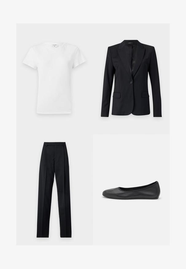 Fekete blézer, amelyet kifelé álló gallér, egy gombos záródás, két elülső zseb és egy elegáns, testreszabott kialakítás jellemez. Sim hálós textúra minimalista megjelenéssel.; Fehér pamut póló kerek nyakkivágással és rövid ujjal, laza fazonban és minimalista dizájnnal. A címke látható a nyakán.; Fekete nadrág sima anyagból, magas derékkal, széles lábakkal, elülső redőkkel és klasszikus övhurkokkal. Oldalzsebek nem láthatók.; Fekete bőr balettcipő lekerekített orral, sima tekstúrával, minimális varrással és rugalmas talp kialakítással.