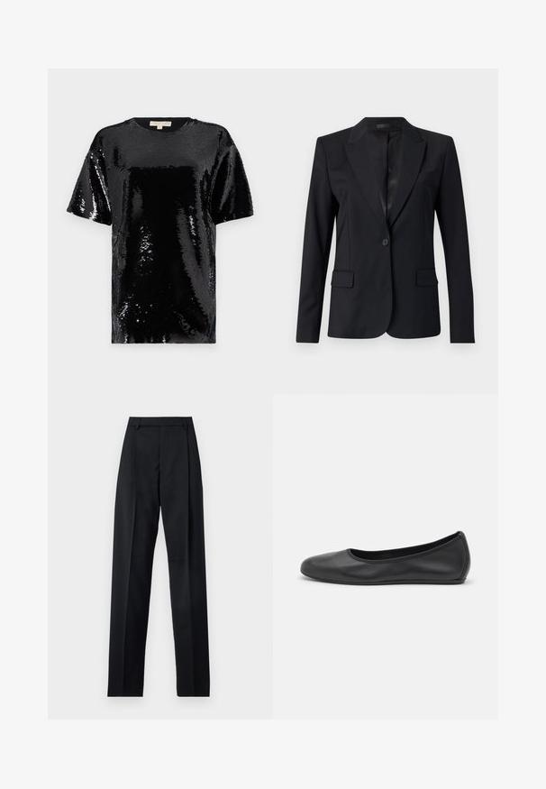 Čierny blejzer s výstrihom do "V", jedným gombíkom na zapínanie, dvoma prednými vreckami a elegantným, prešívaným dizajnom. Hladká textúra s minimalistickým vzhľadom.; Čierny krátky rukáv top pokrytý flitrami, s okrúhlym výstrihom a celkovou hladkou, lesklou textúrou.; Čierne nohavice vyrobené z hladkej látky s vysokým pásom, širokými nohavicami, prednými záhybmi a klasickými pútkami na opasok. Žiadne bočné vrecká nie sú viditeľné.; Čierne kožené baleríny s okrúhlou špičkou, hladkým povrchom, minimálnym prešívaním a flexibilným dizajnom podrážky.