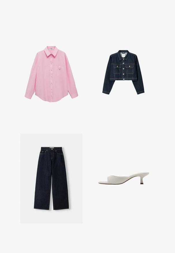 Bershka CROPPED - Džínová bunda - royal blue; Mango Košilová halenka - light pink; Tmavě modré džíny s širokými nohavicemi a vysokým pasem, pěti kapsami, kontrastním šitím a stříbrnými kovovými detaily. Hladká struktura a čisté provedení.; Bílé otevřené muly s prohnutým designem, nízkým podpatkem, hladkým povrchem a jemným prošívaným vzorem. Hnědý akcent na základně podpatku.