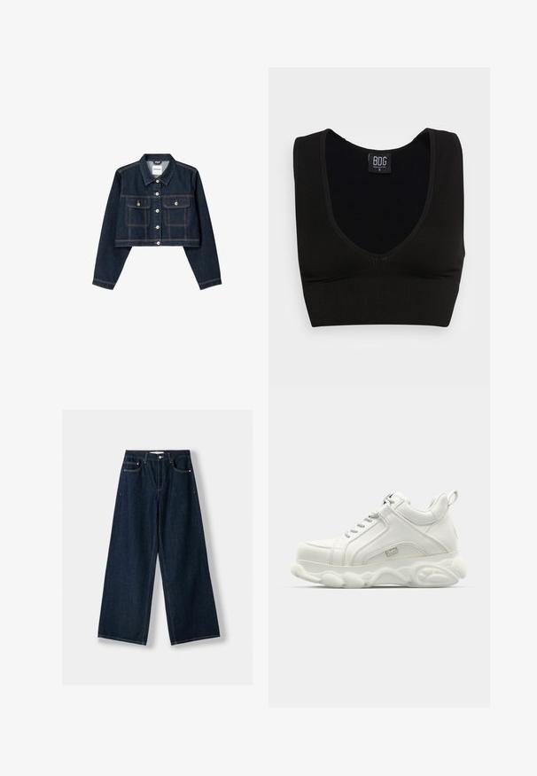 Bershka CROPPED - Farmerdzseki - royal blue; Fekete bordázott crop top széles pántokkal és mély V-nyakkal. A címke "BDG" feliratú, kis méretben, sima textúrával és testhezálló fazonnal.; Sötétkék, bő szabású farmernadrág. Öt zsebből, gombos és cipzáras záródásból, valamint kontrasztos varrási részletekből áll.; Fehér sportcipők sima bőr felsőrésszel, lekerekített talppal és texturált díszítéssel. Fűzővel és hátsó húzófüllel rendelkezik.