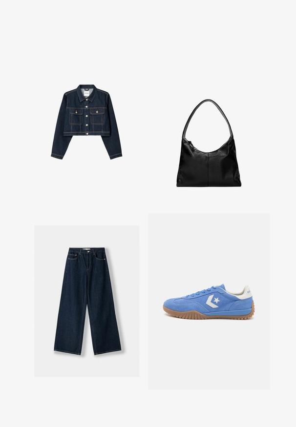 Bershka CROPPED - Jachetă din denim - royal blue; Top scurt negru cu nervuri, cu bretele late și decolteu adânc în formă de V. Eticheta indică "BDG", mărimea mică, având o textură netedă și un design ajustat.; Jeansi largi, de culoare albastru închis, realizați din denim. Au cinci buzunare, închidere cu nasture și fermoar, și detalii de cusătură în contrast.; Adidași din suede albastru cu un logo alb în formă de stea, având o talpă din cauciuc texturat și un design de profil jos.; Geantă de umăr din piele neagră cu o textură netedă, un vârf curbat și o singură curea. Dispune de un sistem de închidere prin fermoar și un design minimalist.