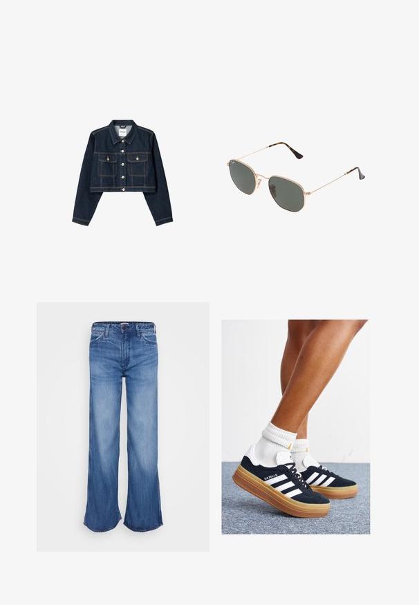 Bershka CROPPED - Jeansjacke - royal blue; Zwei trägerlose Crop Tops in Schwarz und Weiß, aus elastischem Baumwollstoff hergestellt. Glatte Textur mit einem schlichten Design und ohne sichtbare Nähte.; Hellblaue Denim-Jeans mit weitem Bein, hoher Taille und rohem Saum. Verfügt über fünf Taschen, Gürtelschlaufen und dezente Ausbleichungen im Stoff.; Schwarze Wildledersneaker mit weißen Streifen und Akzenten, rundlicher Zehenbereich, Sohlen aus braunem Gummi, kombiniert mit weißen, gerippten Sneakersocken.; Goldfarbene Metallrahmen-Sonnenbrillen mit dunkelgrünen Gläsern im Pilotenstil, mit schlanken Bügeln und Schildpatt-Akzenten an den Spitzen.