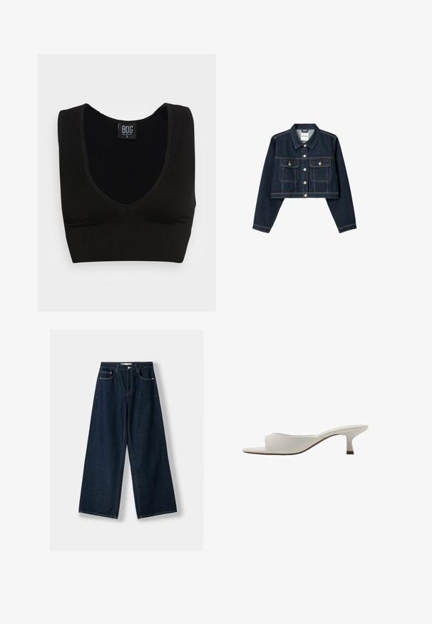 Bershka CROPPED - Jakna iz džinsa - royal blue; Črna rebrasta kratka majica z širokimi naramnicami in globokim V-izrezom. Oznaka pravi "BDG," velikost S, z gladko teksturo in prilegajočim dizajnom.; Temno modri široki jeans iz denima. Ima pet žepov, zaponko na gumbi in zadrgo ter detajle s kontrastnim šivanjem.; Bele odprte mule bele barve s ukrivljeno zasnovo, nizko peto, gladko teksturo in subtilnim šivanim vzorcem. Rjava akcenta na osnovi pete.
