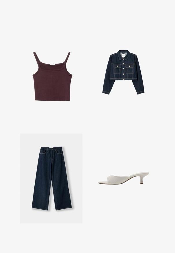 Bershka - Kurtka jeansowa; Burgundowa dopasowana bluzka na ramiączkach z cienkimi paskami, kwadratowym dekoltem i miękkiej bawełny. Posiada bezszwowy krój i minimalne zdobienia.; Granatowe, szerokie dżinsy wykonane z denimu. Posiadają pięć kieszeni, zapięcie na guzik i zamek błyskawiczny oraz detale w kontrastowym stichu.; Białe sandały na otwartym palcu z wygiętym wzorem, niskim obcasem, gładką fakturą i subtelnym zdobieniem w postaci ściegów. Brązowy akcent na podstawie obcasa.