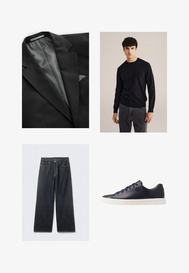 Fekete zakó sima felülettel, geometrikus mintázatú szürke béléssel, egyetlen mellzsebbel és visszafogott hajtókákkal.; Fekete pamut kereknyakú pulóver hosszú ujjakkal, bordás mandzsettákkal és szegéllyel; szürke farmernadrággal párosítva. Egyszerű, testhezálló kialakítás, minta nélkül.; Fiatal férfi göndör világosbarna hajjal, fekete rövid ujjú pólót és szürke nadrágot viselve, balra néz, kezét a zsebében tartva.; Sötét farmer széles szárú nadrág magas derékkal, réz színű szegecsekkel és kontrasztos varrással, sima tapintású, minta nélküli.; Sötétkék bőr sportcipő sima felülettel, lapos fehér gumitalppal, kerek orral és hat darab sötétkék fűzővel, amelyek kerek lyukakon keresztül vannak húzva.