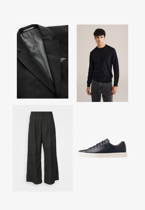 Crni sako s glatkom vanjštinom, sa sivo podstavljenom geometrijskom uzorkom, jednim džepom na prsima i suptilnim reverima.; Crna pamučna dukserica s crewneck izrezom i dugim rukavima, rebrastim manžetama i donjim rubom; uparen s sivim trapericama. Jednostavan, prilagođen dizajn bez uzoraka.; Mladić s kovrčavom svijetlosmeđom kosom, odjeven u crnu majicu kratkih rukava i sive hlače, gleda ulijevo s rukama u džepovima.; Crne široke hlače s prugicama i plisama, s krojem koji se ističe i mekanom teksturom. Nema vidljivih metalnih dijelova ili ukrasa.; Mornarske kožne tenisice s glatkom površinom, ravnim bijelim gumirinim potplatom, okruglim vrhom i šest mornarskih vezica provučenih kroz okrugle rupice.