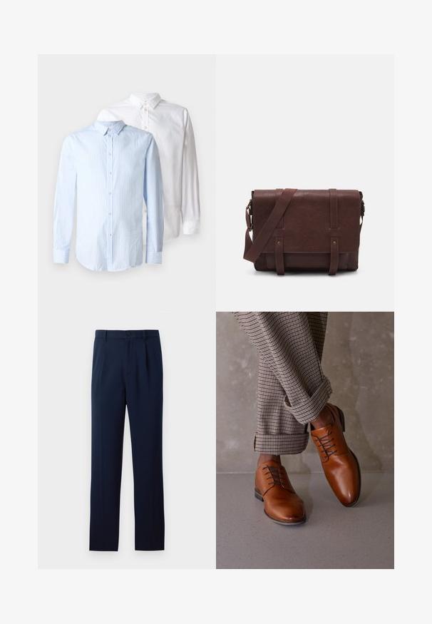 Blazer noir pour homme avec revers à cran, deux boutons, deux poches avant à rabat et une poche poitrine passepoilée, présenté sur fond blanc.; Deux chemises à manches longues : une bleu clair avec des rayures verticales et une blanche unie. Les deux comportent un devant à boutons et des détails au col.; Pantalons bleu marine en tissu lisse, dotés d'une fermeture à un bouton, de plis et de jambes droites. Design minimaliste sans motifs notables.; Des chaussures en cuir marron présentent un bout arrondi, un laçage à cinq œillets et des lacets sombres contrastés. Le pantalon est à carreaux, retroussé aux poignets.; Sac en cuir marron de style messager avec un rabat plat à l'avant, deux sangles, des accents en métal doré et une bandoulière adjustable.