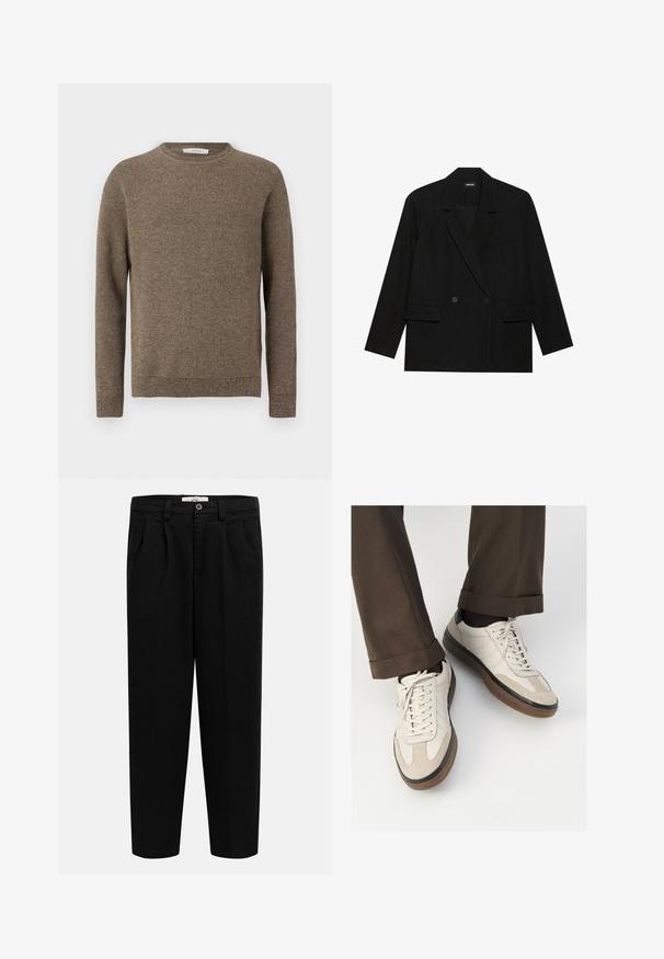 Črn blazer iz gladkega materiala, z dvojnim zapenjanjem, zareznimi ovratniki, dvema sprednjima žepoma in enim žepom na prsih.; Rjava teksturirana pletena majica z dolgimi rokavi, okroglo izrezana, z rebrastimi manšetami in robom.; Črne hlače z visokim pasom in ravnimi hlačnicami, z zankami za pas, sprednjimi gubami, stranskimi žepi ter z gumbom za zapenjanje na pasu.; Bež teniske z teksturiranim prednjim delom iz usnja, gladkimi kožnimi stranicami in rjavo gumijasto podplatom. Vključene vezalke in svetla šivana detajla.
