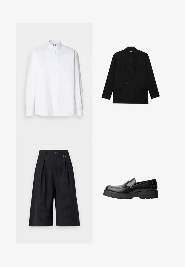 Črn blazer iz gladkega materiala, z dvojnim zapenjanjem, zareznimi ovratniki, dvema sprednjima žepoma in enim žepom na prsih.; Bela dolga srajca z gumbi iz bombaža, ki ima klasičen ovratnik in subtilen vezen detalj na prsih. Gladka textura, običajen kroj.; Črne kratke hlače s črtami, z naborki, gumbom za zapiranje in kovinskim obročkom kot dodatkom. Gladka tkanina s krojem, ki se prilega in dolžino do kolen.; Črne usnjene loafersice s debelim profiliranim podplatom in dekorativnim pasom čez zgornji del, prikazane v levem stranskem profilu na beli podlagi.