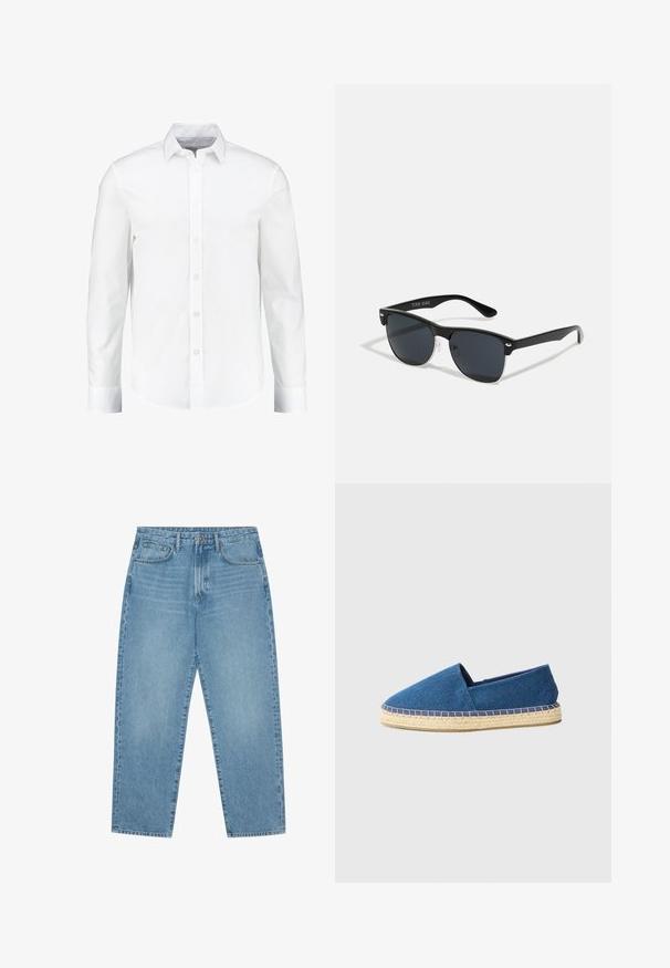 Blazer negru din țesătură netedă, cu un design cu două rânduri de butoni, rever în cafă, două buzunare frontale și un buzunar pe piept.; Cămașă albă cu mânecă lungă, din bumbac neted. Prezintă un guler clasic și închidere cu buton în față, având un tiv drept.; Jeans din denim albastru deschis cu croială largă și talie înaltă, având cinci buzunare, bucle pentru curea și o textură moale, ușor decolorată.; Espadrile din pânză albastră, cu vârful închis, talpă din iută și margine cusută. Textură de țesătură netedă și design cu profil jos.; Ochelari de soare negri cu o formă rectangulară, lentile întunecate, accente argintii la tâmple și un finisaj mat pe cadru.