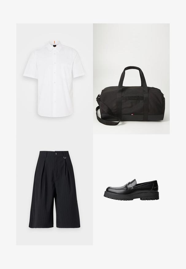 Blazer nero realizzato in tessuto liscio, con un design doppiopetto, rever a scollatura, due tasche frontali e una tasca sul petto.; Camicia bianca a maniche corte con bottoni, realizzata in cotone, dotata di una tasca sul petto, colletto classico e dettagli di cucitura sottili.; Pantaloni shorts neri a righe con pieghe, chiusura a bottone e accento in anello metallico. Tessuto liscio con una vestibilità su misura e design lunghezza ginocchio.; Mocassino in pelle nera con suola spessa e tassellata e fascia decorativa sulla parte superiore, mostrato in profilo sinistro su sfondo bianco.; Borsa a duffel nera realizzata in tessuto resistente, dotata di manici doppi, tracolla removibile, chiusura con zip e un piccolo logo sulla base.