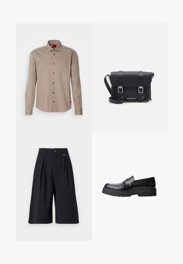 Čierny blazer vyrobený z hladkej látky, s dvojradovým uzatváraním, klobúkovými reverzami, dvoma prednými vreckami a jedným vreckom na hrudi.; Dlhý rukáv košele v svetlohnedej bavlne s golierom na gombíky, čiernymi gombíkmi a malou červenou nášivkou na leme.; Čierne krátke nohavice s prúžkami, záhybmi, zapínaním na gombík a kovovým krúžkom ako dekoráciou. Hladká tkanina s presným strihom a dĺžkou po koleno.; Čierne kožené mokasíny s masívnou podrážkou a dekoratívnym pásom cez hornú časť, zobrazené z ľavého bočného profilu na bielom pozadí.; Čierna kožená crossbody taška s preklopom, dvoma striebornými prackami, žltým prešívaním a nastaviteľným popruhom. Vyznačuje sa hladkou textúrou a kompaktným dizajnom.