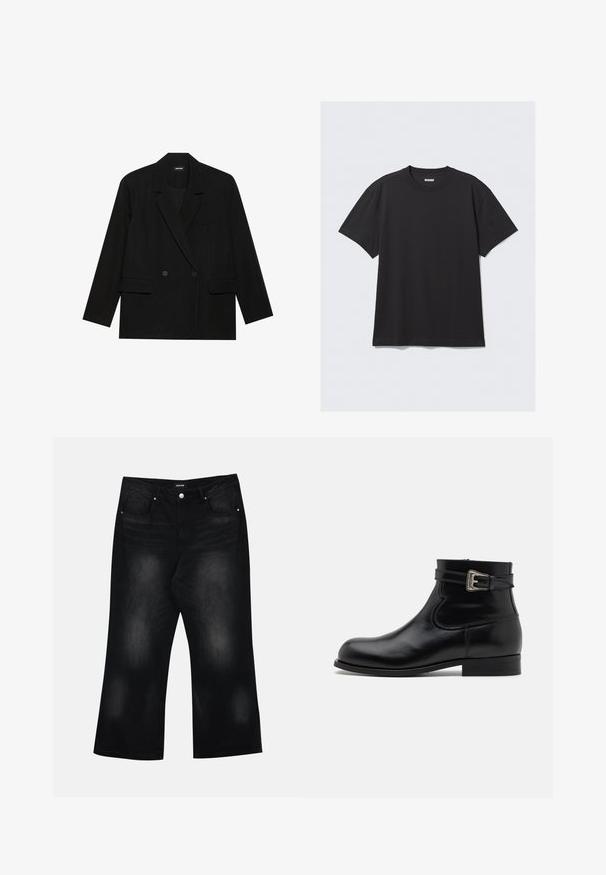 Black blazer made of smooth fabric, featuring a double-breasted design, notch lapels, two front pockets, and a single chest pocket.; Black short-sleeve t-shirt made of cotton. Features a crew neckline and a relaxed fit. Simple design with no patterns or accents visible.; Black wide-leg jeans made of denim, featuring two front pockets, subtle fading, and a button closure at the waist.; Black leather ankle boot with a round toe, side buckle accent, and low heel. Smooth texture with a polished finish and minimal seam details.