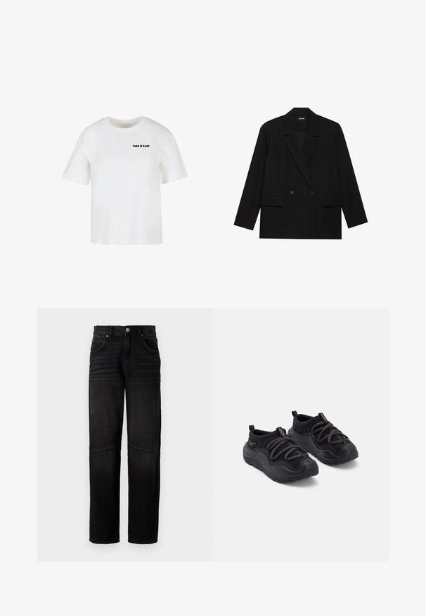 Black blazer made of smooth fabric, featuring a double-breasted design, notch lapels, two front pockets, and a single chest pocket.; White short-sleeve t-shirt made of cotton, featuring a round neckline and the text "TAKE IT EASY" printed in black on the front.; Black denim jeans with a straight-leg cut, five-pocket styling, a button closure, and subtle faded detailing on the thighs and knees.; Black athletic shoes with a textured rubber sole, padded fabric upper, elastic laces, and pull tabs at the heel for easy wear.