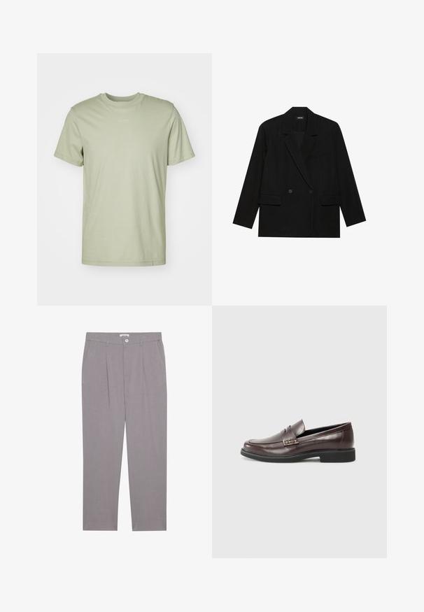 Zwarte blazer van gladde stof, met een dubbelchemise ontwerp, notch revers, twee voorkruimelpockets en één borstzak.; Lichtgroene katoenen T-shirt met een ronde ronde hals, korte mouwen en een subtiel merkje gedrukt in het midden van de borst.; Grijze tailored broek met rechte snit, voorzien van twee zijzakken, plooien en een knoopsluiting. Gemaakt van lichtgewicht stof.; Bruine leren loafers met een gladde afwerking, voorzien van een subtiele gestikte detail op de bovenkant en een zwarte rubberen zool.