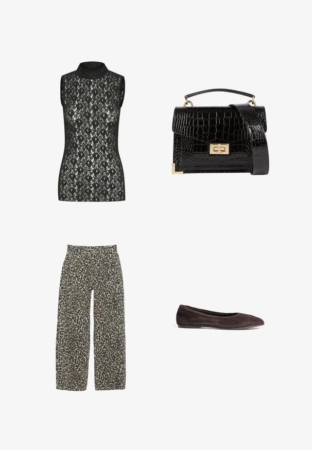 Olivgrüner Blazer mit spitzem Revers, zwei Vordertaschen und offenem Design. Hergestellt aus einem glatten Stoff mit taillierter Passform.; Schwarzes Spitzen-Top ohne Ärmel mit hohem Kragen, das ein filigranes Blumendesign und eine figurnahe Passform aufweist. Leichter Glanz auf dem Stoff sichtbar.; Leopardenmuster weite Hosen in einem neutralen Beige- und Schwarzfarbschema. Verfügt über eine hohe Taille, fünf Taschen und einen Knopfverschluss.; Braune Wildleder-Ballerinas mit spitzem Absatz und niedrigem Profil. Verfügt über eine glatte Textur und ein minimalistisches Design. Keine sichtbaren Beschläge oder Akzente.; Schwarz lackierte Handtasche mit Krokodilstruktur, goldfarbenen Hardware, einem oberen Griff und einem abnehmbaren Schulterriemen. Rechteckige Form mit Klappenverschluss.
