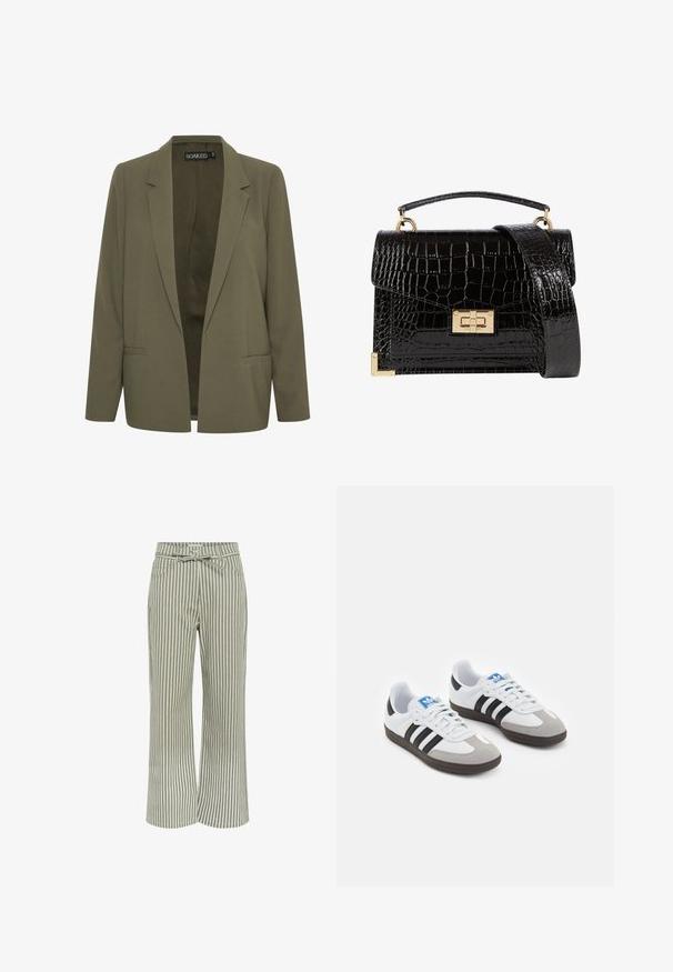 Olivgrüner Blazer mit spitzem Revers, zwei Vordertaschen und offenem Design. Hergestellt aus einem glatten Stoff mit taillierter Passform.; Schwarzer Baumwollstoff mit glatter Textur und Rundhalsausschnitt, der ein dezentes, gleichmäßiges Strukturmuster aufweist. Keine sichtbaren Logos oder Akzente.; Gestreifte weite Hosen in Grün und Weiß, mit einem Taillengürtel, zwei vorderen Taschen und einer weichen Stoffqualität.; Sportschuhe mit einem Obermaterial aus weißem Leder, grauer Wildleder-Zehenkappe und drei schwarzen Streifen. Sie verfügen über ein blaues Logo auf der Zunge und eine strukturierte Gummisohle.; Schwarz lackierte Handtasche mit Krokodilstruktur, goldfarbenen Hardware, einem oberen Griff und einem abnehmbaren Schulterriemen. Rechteckige Form mit Klappenverschluss.