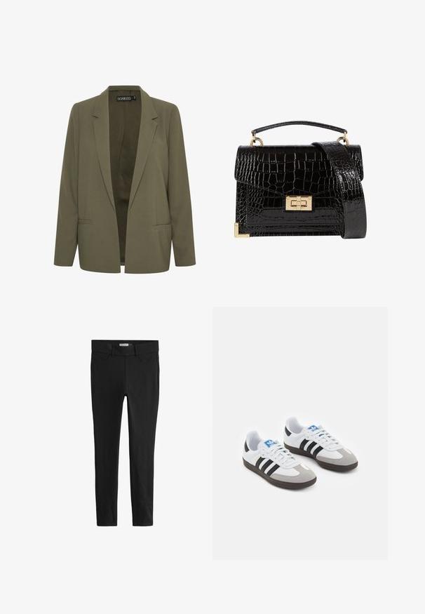 Olivgrüner Blazer mit spitzem Revers, zwei Vordertaschen und offenem Design. Hergestellt aus einem glatten Stoff mit taillierter Passform.; Schwarzer Baumwollstoff mit glatter Textur und Rundhalsausschnitt, der ein dezentes, gleichmäßiges Strukturmuster aufweist. Keine sichtbaren Logos oder Akzente.; Schwarze Leggings aus dehnbarem Stoff mit einem figurbetonten Design. Verfügt über einen klassischen Bund und Fronttaschen, glatte Textur und keine Muster.; Sportschuhe mit einem Obermaterial aus weißem Leder, grauer Wildleder-Zehenkappe und drei schwarzen Streifen. Sie verfügen über ein blaues Logo auf der Zunge und eine strukturierte Gummisohle.; Schwarz lackierte Handtasche mit Krokodilstruktur, goldfarbenen Hardware, einem oberen Griff und einem abnehmbaren Schulterriemen. Rechteckige Form mit Klappenverschluss.