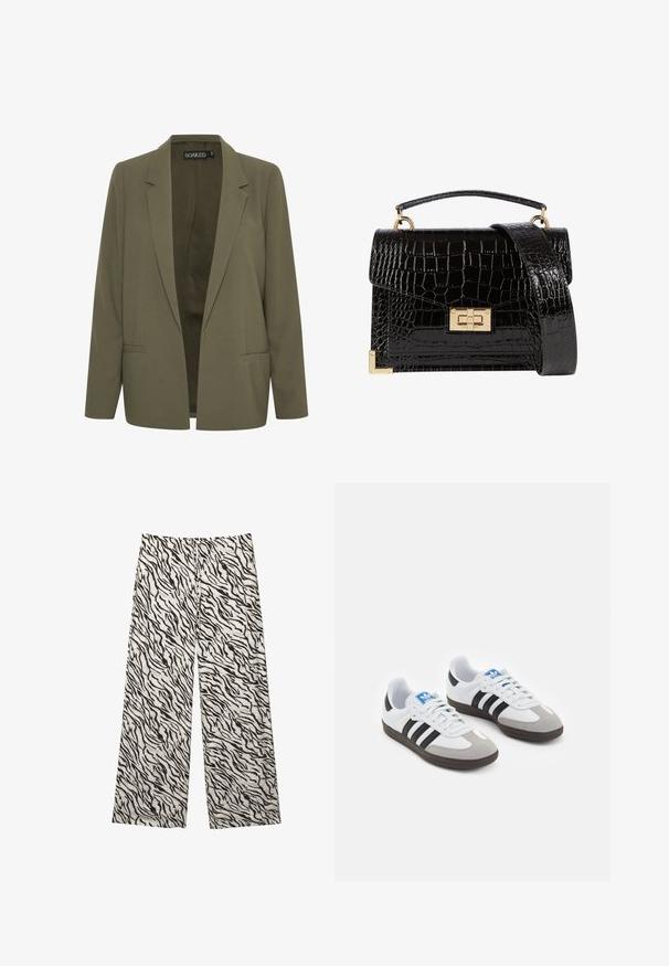 Olivgrüner Blazer mit spitzem Revers, zwei Vordertaschen und offenem Design. Hergestellt aus einem glatten Stoff mit taillierter Passform.; Schwarzer Baumwollstoff mit glatter Textur und Rundhalsausschnitt, der ein dezentes, gleichmäßiges Strukturmuster aufweist. Keine sichtbaren Logos oder Akzente.; Weite Hosen aus einem leichten Stoff mit einem Schwarz-Weiß-Tigerstreifenmuster. Elastischer Bund mit Kordelzug.; Sportschuhe mit einem Obermaterial aus weißem Leder, grauer Wildleder-Zehenkappe und drei schwarzen Streifen. Sie verfügen über ein blaues Logo auf der Zunge und eine strukturierte Gummisohle.; Schwarz lackierte Handtasche mit Krokodilstruktur, goldfarbenen Hardware, einem oberen Griff und einem abnehmbaren Schulterriemen. Rechteckige Form mit Klappenverschluss.