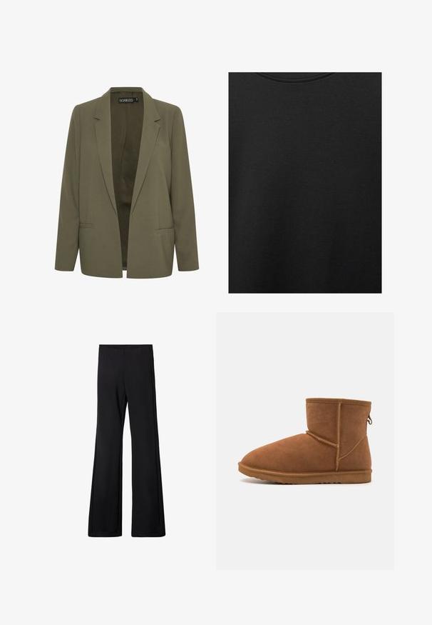 Olijfgroene blazer met een geknipte revers, twee zijzakken en een open voorkant. Gemaakt van een gladde stof met een getailleerde pasvorm.; Zwarte katoen stof met een soepele textuur en een ronde halslijn, met een subtiele, gelijkmatige nerfpatroon. Geen zichtbare logo's of accenten.; Zwarte flared broek met een elastische tailleband, gemaakt van een zachte, rekbare stof, met een gladde textuur en zonder zichtbare patronen of hardware.; Bruine suède enkelboot met een ronde neus, flexibele rubberen zool en versterkte stiksels. Inclusief een treklus aan de achterkant.