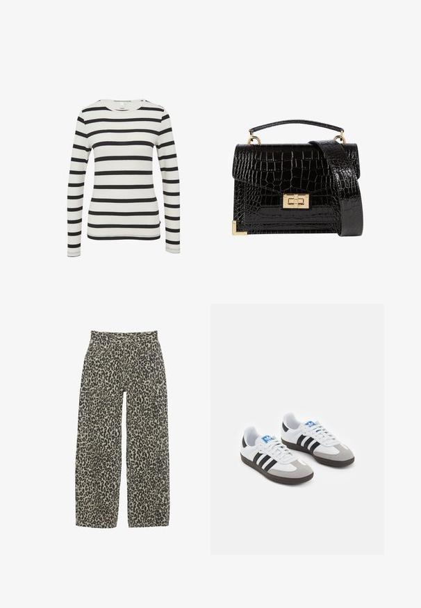 Oliwkowa marynarka z klapkami, dwoma przednimi kieszeniami i otwartym przodem. Wykonana z gładkiej tkaniny o dopasowanym kroju.; Czarna i biała pasiasta bluzka z długim rękawem, okrągły dekolt, dopasowany fason, miękka tkanina z widocznym szwem przy mankietach i u dołu.; Spodnie w panterkę o szerokich nogawkach w neutralnej palecie beżu i czerni. Posiadają wysoką talię, pięć kieszeni oraz zapięcie na guzik.; Buty sportowe z białą skórzaną cholewką, szarym zamszowym noskiem i trzema czarnymi paskami. Posiadają niebieskie logo na języku oraz teksturowaną gumową podeszwę.; Czarna torebka na ramię z lakierowanej skóry licowej o fakturze krokodyla, ze złotymi akcesoriami, górną rączką oraz odczepianym paskiem na ramię. Prostokątny kształt z klapką.