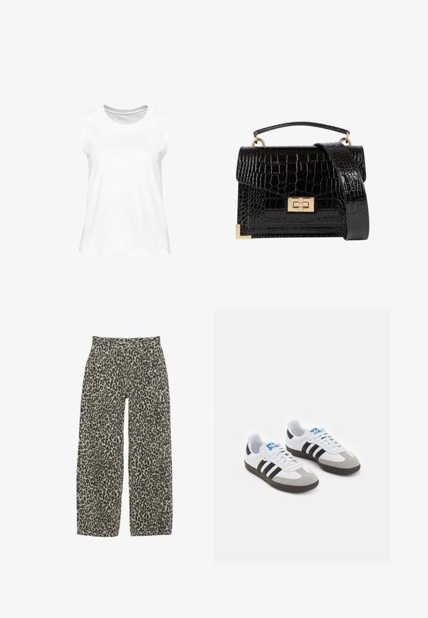Blazer verde oliva con revers, due tasche frontali e design frontale aperto. Realizzato in un tessuto liscio con una vestibilità sartoriale.; Canotta bianca in cotone senza maniche con scollatura rotonda. Texture liscia, taglio dritto e dettagli minimali. Ideale per un abbigliamento casual.; Pantaloni a gamba larga con stampa leopardata in una combinazione di colori beige e nera neutra. Presentano un'alta vita, cinque tasche e chiusura con bottone.; Scarpe sportive con tomaia in pelle bianca, punta in suede grigia e tre strisce nere. Presentano un logo blu sulla linguetta e una suola in gomma testurizzata.; Borsa a tracolla nera in pelle verniciata con texture a coccodrillo, hardware dorato, manico superiore e una tracolla removibile. Forma rettangolare con chiusura a patta.